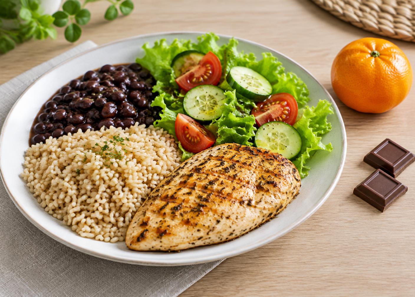 Prato com arroz integral, feijão preto, frango grelhado e salada