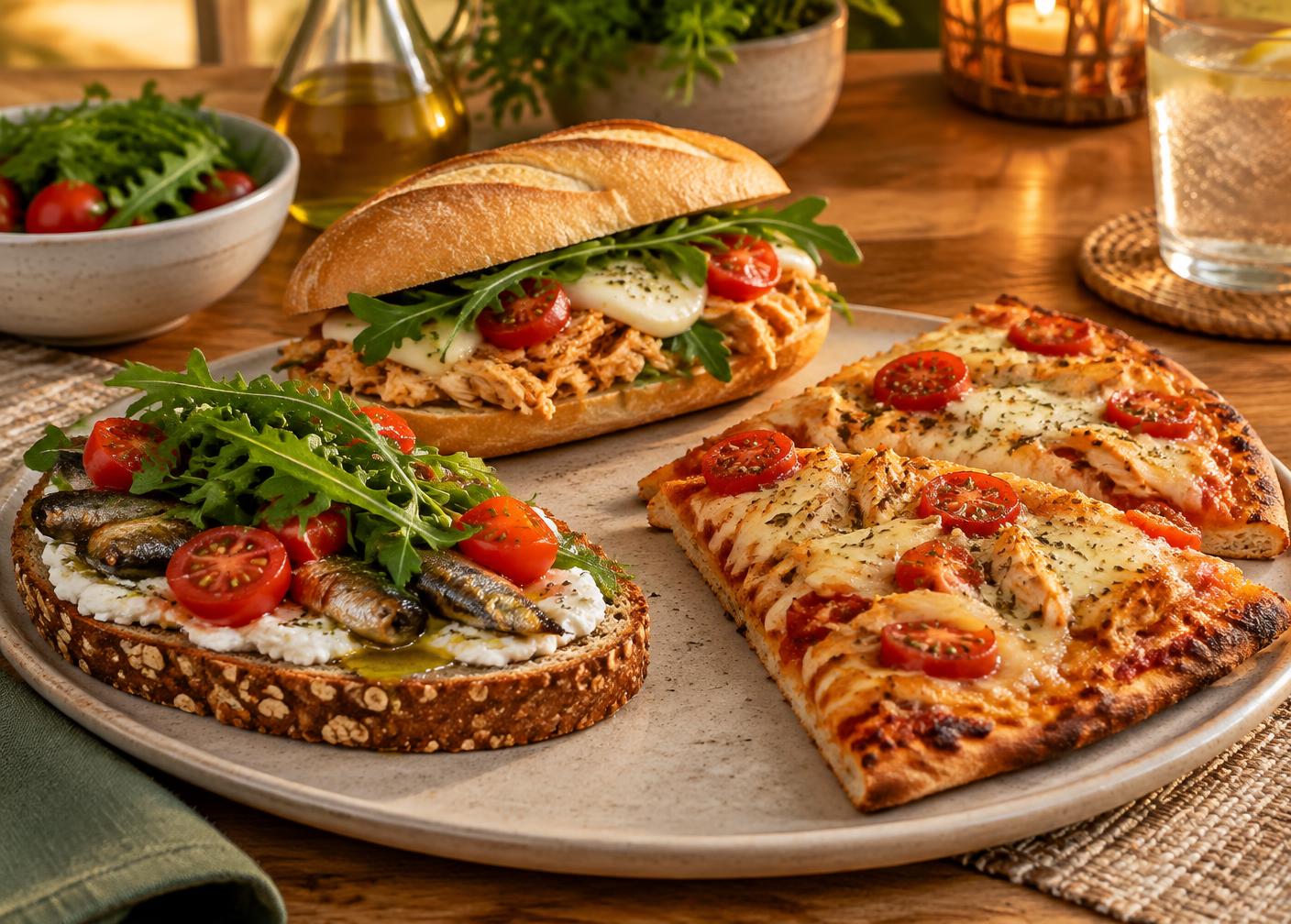 Opções de jantar com sanduíches de sardinha e frango e pizza caseira
