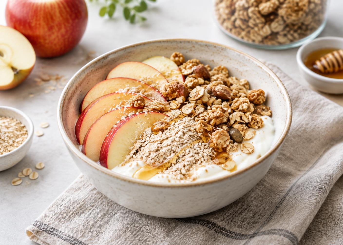 Iogurte natural com maçã, aveia, mel e granola